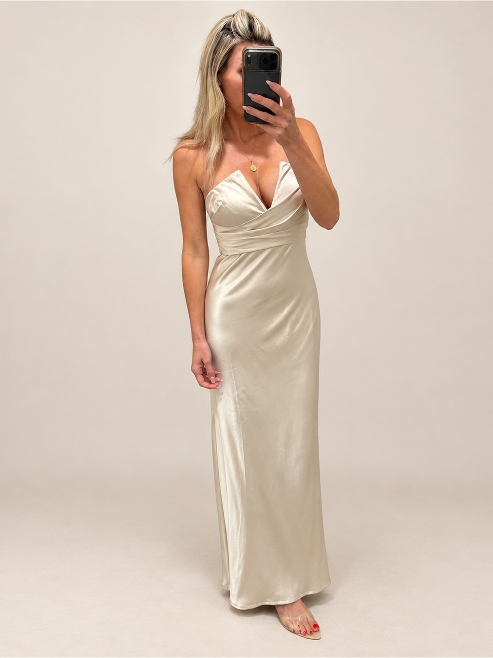 Selfie Leslie Strapless Satin Cream Evening Dress